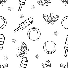 Seamless Pattern of Butterfly,beachball and Popsicle hand drawn in black and white doodle vector with starfish as a additional