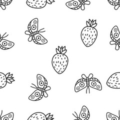 Seamless Pattern of Butterfly and Strawberry hand drawn in black and white doodle vector