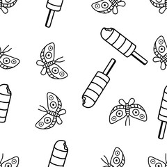 Seamless Pattern of Butterfly and Popsicle hand drawn in black and white doodle vector