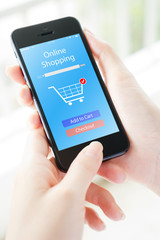 Woman holding phone with app online on the screen