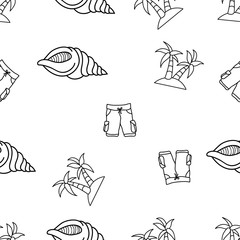 Seamless Pattern of Sea Shell, Short Pant and Palm Tree hand drawn in black and white doodle vector