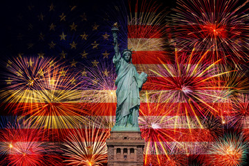 Statue of Liberty over the Multicolor Fireworks Celebrate with the United state of America USA flag...