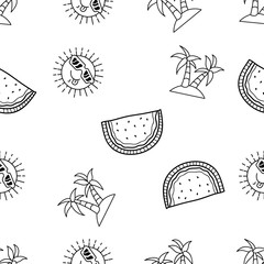 Seamless Pattern of Funny Sun, Palm Trees and Watermelon hand drawn in black and white doodle vector