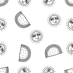 Seamless Pattern of Funny Sun and Watermelon hand drawn in black and white doodle vector