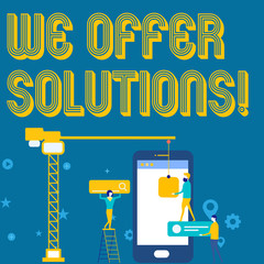 Word writing text We Offer Solutions. Business photo showcasing way to solve problem or deal with difficult situation Staff Working Together for Common Target Goal with SEO Process Icons