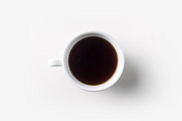 Top view of glass cup of hot tea on white background