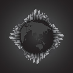 Abstract black and white building around the globe, world map. Monochrome theme. EPS10, VECTOR, Illustration.