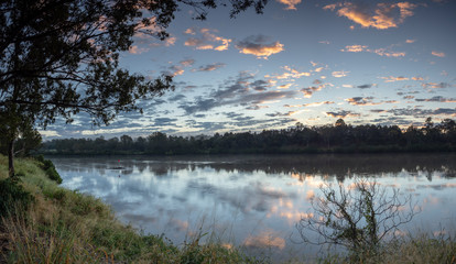 River Morning Panorama with Reflected Cloudscape