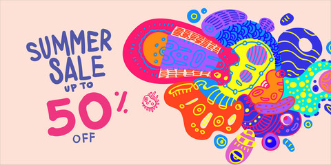 Summer Sale 50% discount Colorful Banner Doodle illustration 