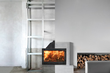 Installation of wood fireplace insert in livingroom