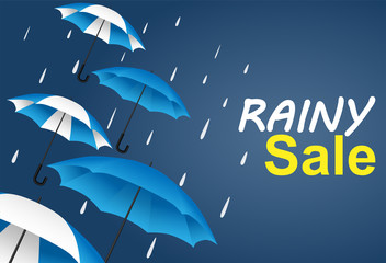 rainy , monsoon season sale. design with raining drops and umbrella on blue background. vector.