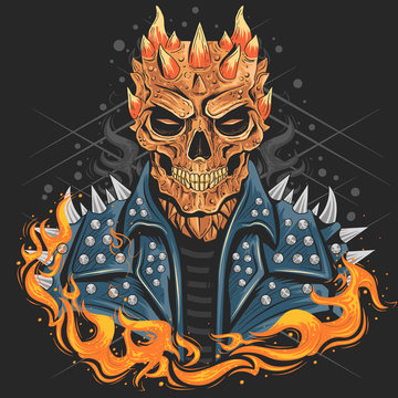 SKULL PUNK HEAD WITH JACKET, FOR BAND COVER OR BIKER LOGO, WITH FIRE , GOOD FOR ELEMENT DESIGN OR TSHIRT ARTWORK VECTOR