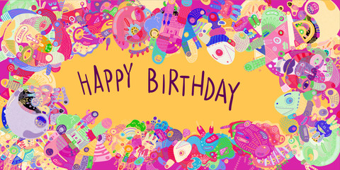 Happy Birthday Greeting Card with Abstract Doodle Illustration Background