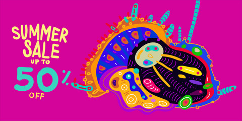 Summer Sale 50% discount Colorful Banner Doodle illustration 