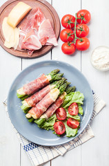 Baked prosciutto and cheese wrapped asparagus