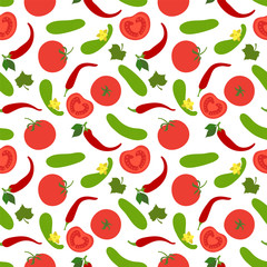 Vegetables seamless pattern. Cucumber, tomato and pepper. Paprika. Hand drawn doodle vector sketch. Healthy food collection. Vegetarian product. Vegan menu