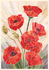 Color stained glass. Red poppies on a beige background. Light lines. Vector full color graphics