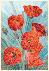 Color Stained Glass. Large flowers poppies on a gray turquoise background. Light lines. Vector full color graphics