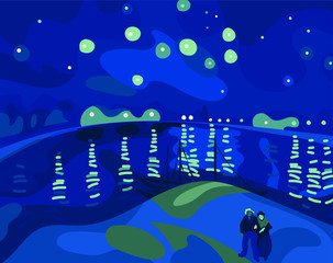 Vector illustration inspired by the painting of Vincent Van Gogh .Landscape with starry sky abstract background. 
