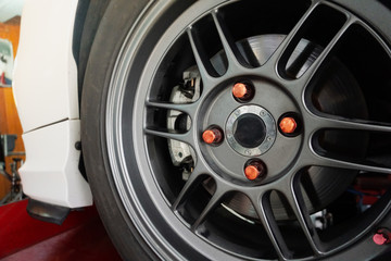 Close up Wheel Vehicle. Car wheel and brake system Close up
