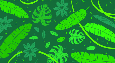 Fototapeta na wymiar Tropic summer painting pattern with palm banana leaf and plants.Exotic fashion print.Vector illustration