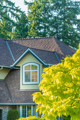 Fgrament of beautiful exterior of newly built luxury home. Yard with green grass and landscape.