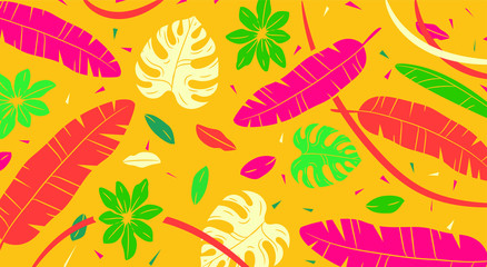 Tropic summer painting pattern with palm banana leaf .Exotic fashion print.Vector illustration
