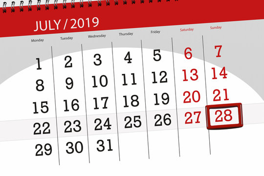 Calendar planner for the month july 2019, deadline day, 28 sunday