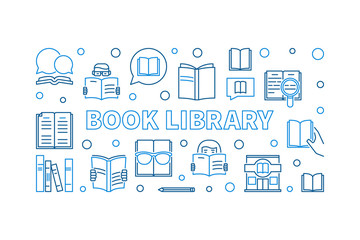 Book Library vector concept horizontal banner or illustration in thin line style