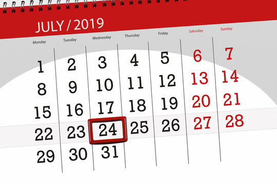 Calendar planner for the month july 2019, deadline day, 24 wednesday