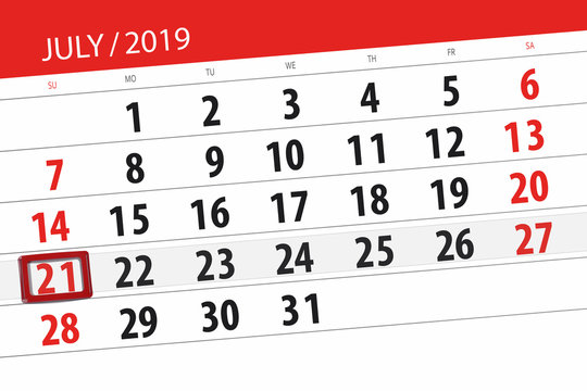 Calendar planner for the month july 2019, deadline day, 21 sunday