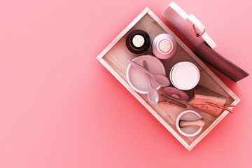 Kitchenware on pink background. 3d rendering