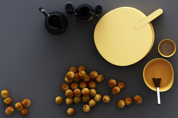 Kitchenware and yellow apples on grey background. 3d rendering