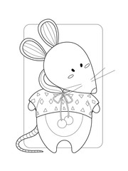 Cute rat in a hoodie. Page for coloring book, greeting card, print and poster. Hand-drawn vector illustration.