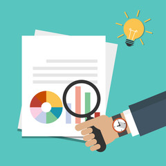 Businessman hand holding magnifying glass over document with graph, reports icon. Data analysis, idea concept with light bulb vector illustration. Flat design style