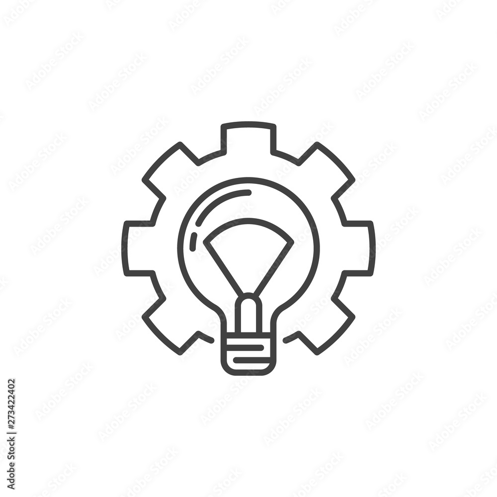 Poster lightbulb in gear outline icon. vector light bulb in cog symbol in thin line style