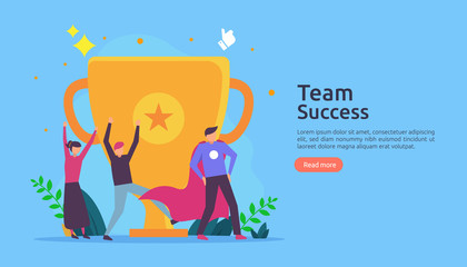 Team success with trophy cup. winning teamwork concept. Together achievement with people character for web landing page template, banner, presentation, social, poster, ad, promotion or print media