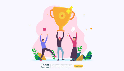 Team success with trophy cup. winning teamwork concept. Together achievement with people character for web landing page template, banner, presentation, social, poster, ad, promotion or print media