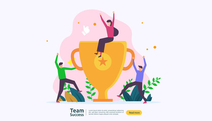 Team success with trophy cup. winning teamwork concept. Together achievement with people character for web landing page template, banner, presentation, social, poster, ad, promotion or print media