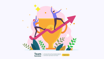 Fototapeta premium Team success with trophy cup. winning teamwork concept. Together achievement with people character for web landing page template, banner, presentation, social, poster, ad, promotion or print media