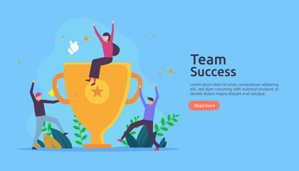 Team success with trophy cup. winning teamwork concept. Together achievement with people character for web landing page template, banner, presentation, social, poster, ad, promotion or print media