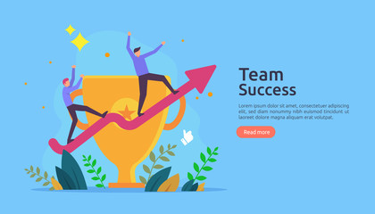 Team success with trophy cup. winning teamwork concept. Together achievement with people character for web landing page template, banner, presentation, social, poster, ad, promotion or print media