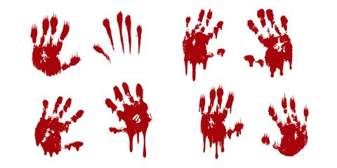 Bloody hand print set isolated white background. Horror scary blood handprint, fingerprint. Red palm, fingers, stain, splatter, streams. Symbol horror zombie, murder, violence. Vector illustration - 273423655
