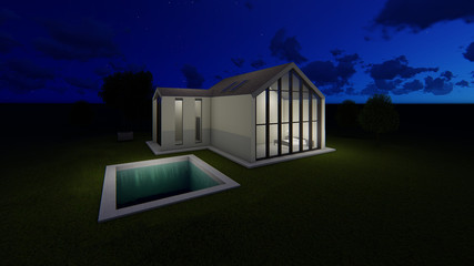 3d model designer house with a pool at night. House with glass wall.