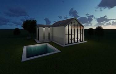 3d model designer house with a pool at night. House with glass wall.