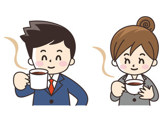 コーヒーを飲むビジネスマンとビジネスウーマン