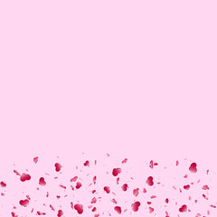 Heart falling confetti isolated pink background. Red fall hearts. Valentine day decoration. Love element design, hearts-shape confetti invitation wedding card, romantic holiday. Vector illustration