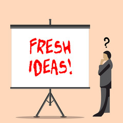 Word writing text Fresh Ideas. Business photo showcasing thought or suggestion as to a possible course of action Businessman with Question Mark Above his Head Standing Beside Blank Screen