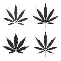 Cannabis leaf icons set. Black silhouette indica sativa isolated white background. Herbal medicine herb plant. Natural weed hemp. Addiction smoke drug Illegal narcotic marijuana. Vector illustration
