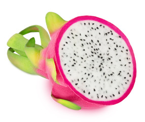 Halved dragon fruit isolated on a white background.